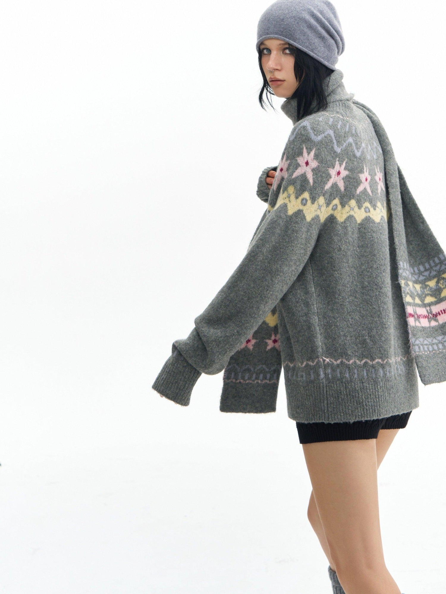 DeleteEx Warm Hooded Diamond Knit Pullover Loose Fit Office Women Acrylic Blend Sweaters