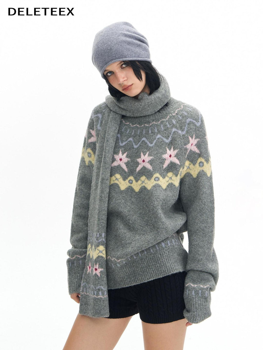 DeleteEx Warm Hooded Diamond Knit Pullover Loose Fit Office Women Acrylic Blend Sweaters
