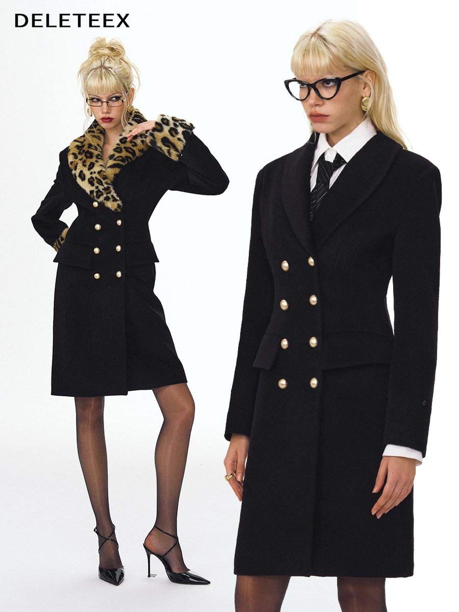 DeleteEx Warm Wool Blend Slim Double Breasted Commuter Coat For Women Black Wool Coats