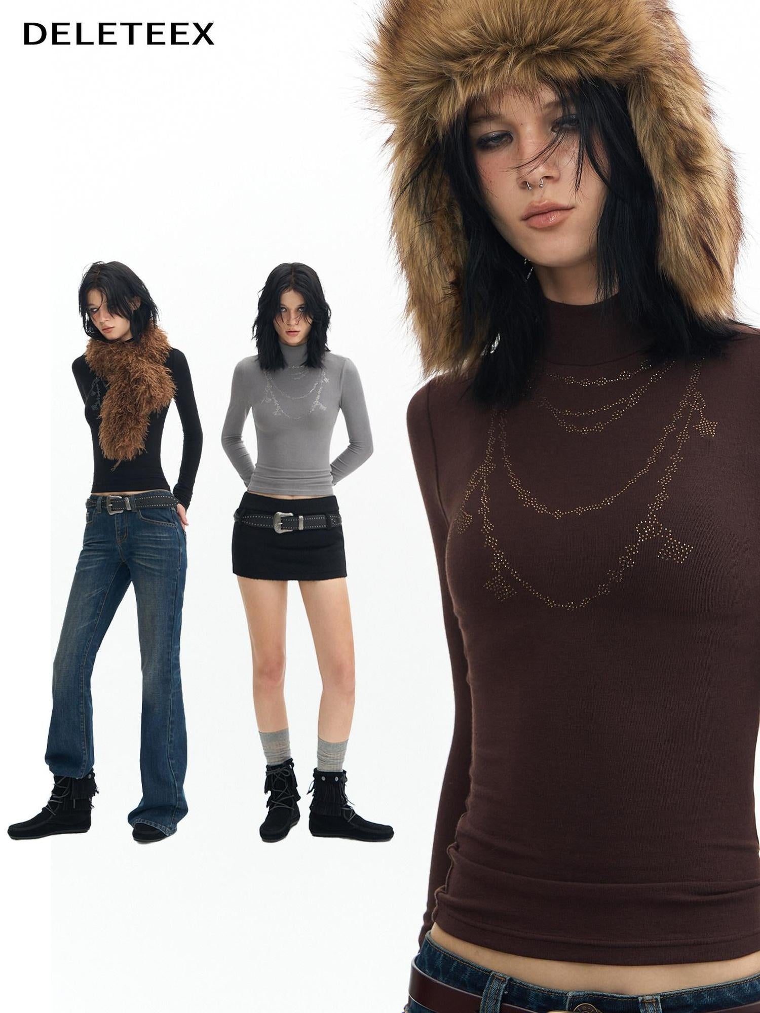 DeleteEx Wool Modal Vintage Slim Knit Rhinestone Women Black Long Sleeve T-Shirts