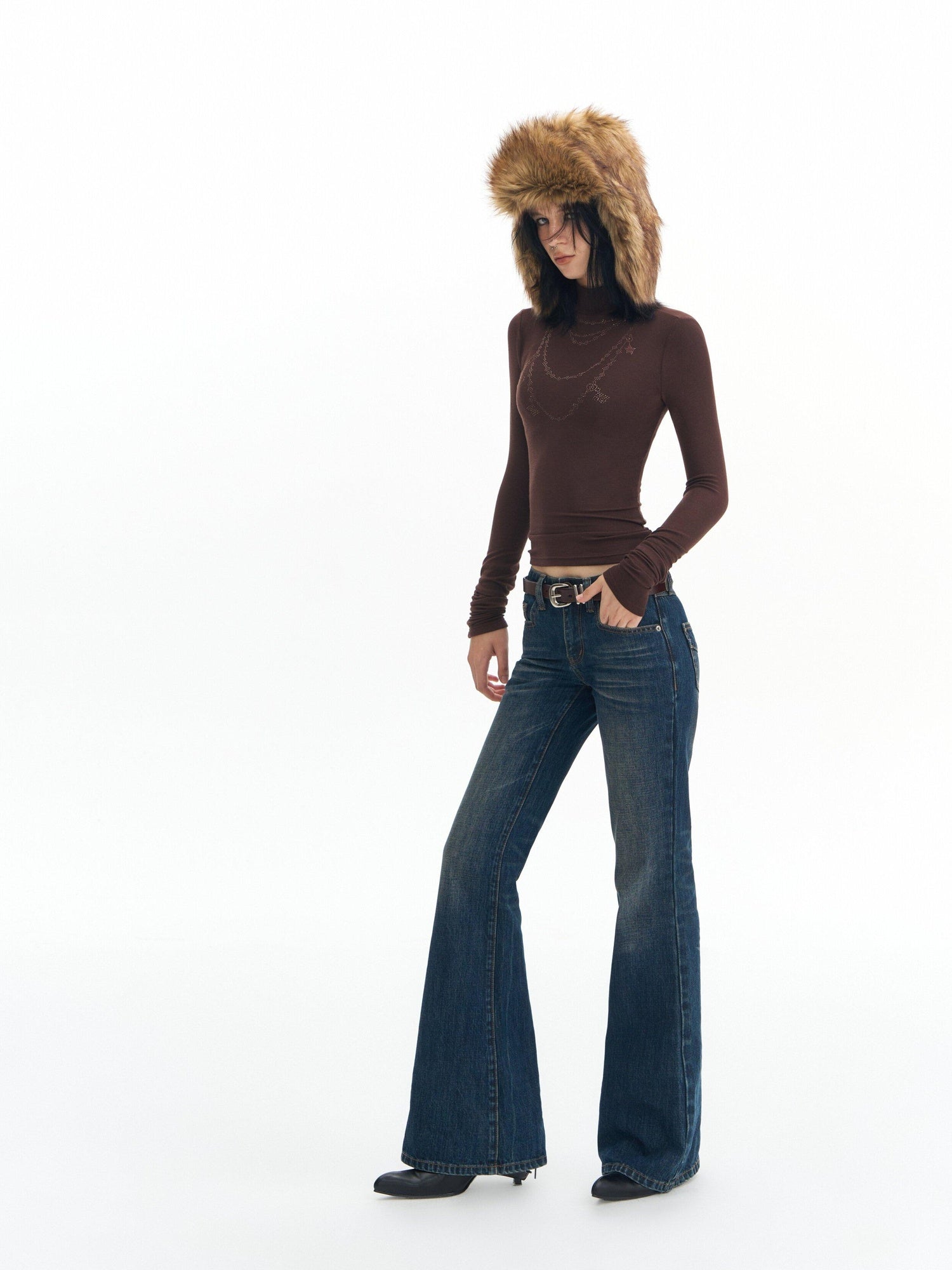 DeleteEx Wool Modal Vintage Slim Knit Rhinestone Women Black Long Sleeve T-Shirts