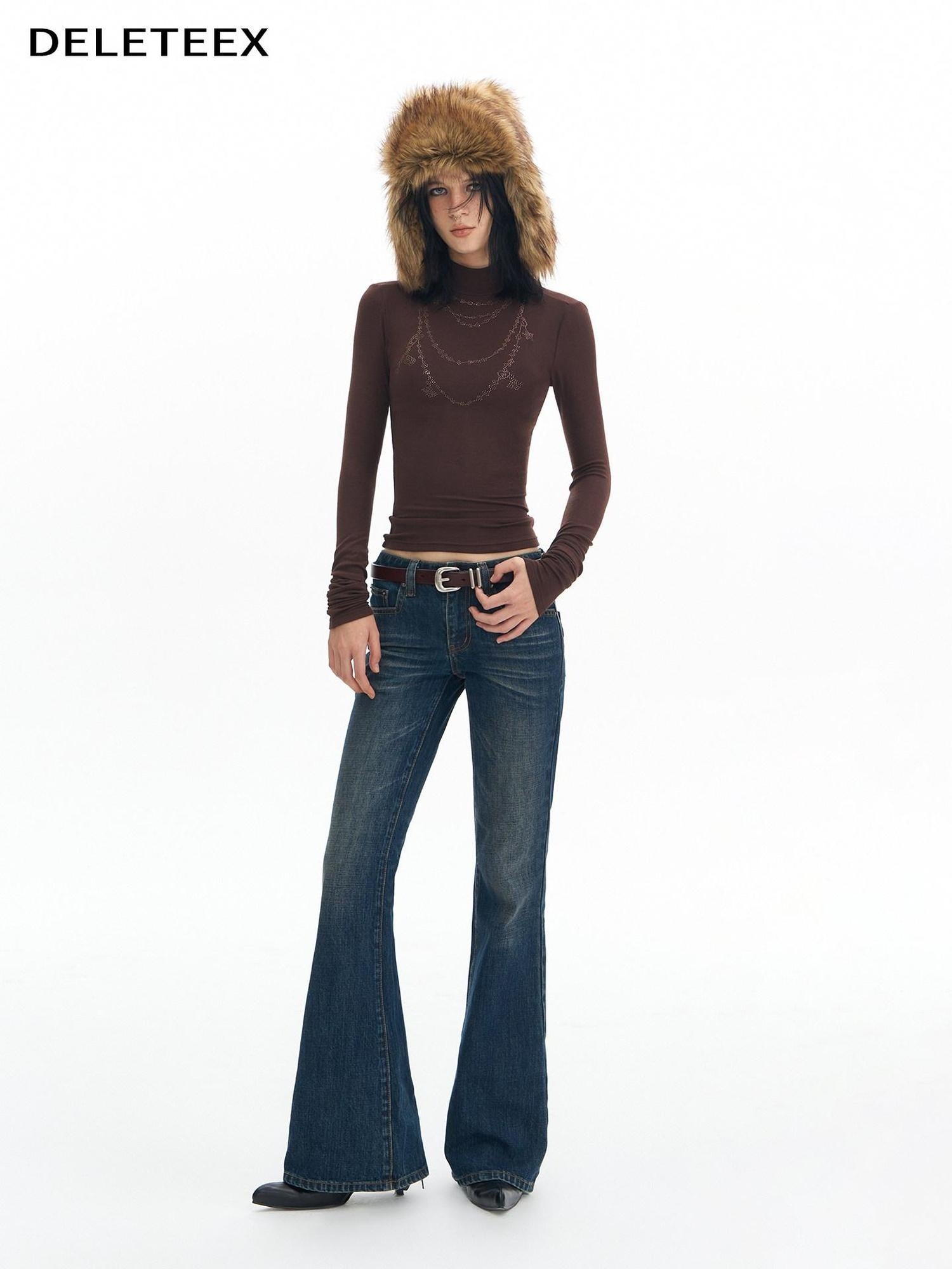 DeleteEx Wool Modal Vintage Slim Knit Rhinestone Women Black Long Sleeve T-Shirts