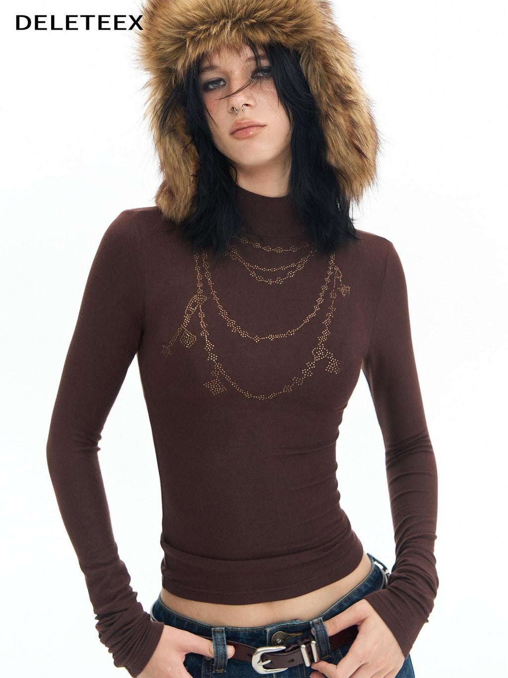 DeleteEx Wool Modal Vintage Slim Knit Rhinestone Women Black Long Sleeve T-Shirts