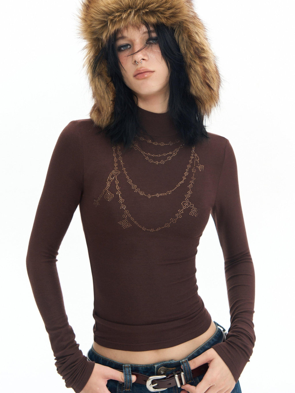 DeleteEx Wool Modal Vintage Slim Knit Rhinestone Women Black Long Sleeve T-Shirts