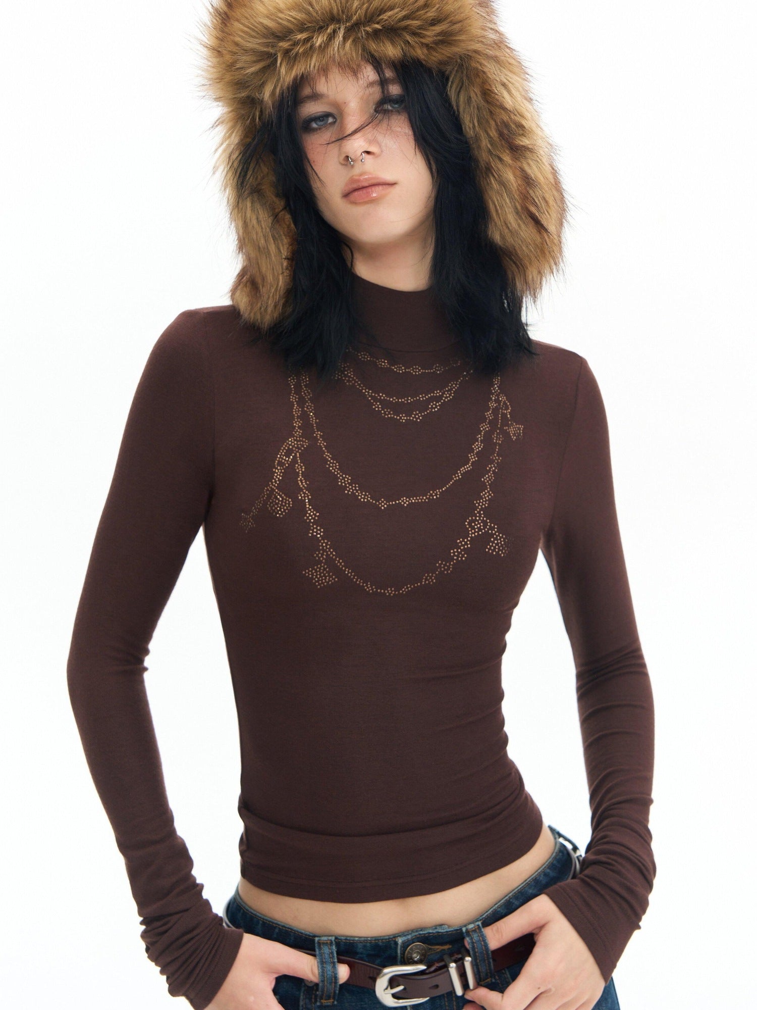 DeleteEx Wool Modal Vintage Slim Knit Rhinestone Women Black Long Sleeve T-Shirts