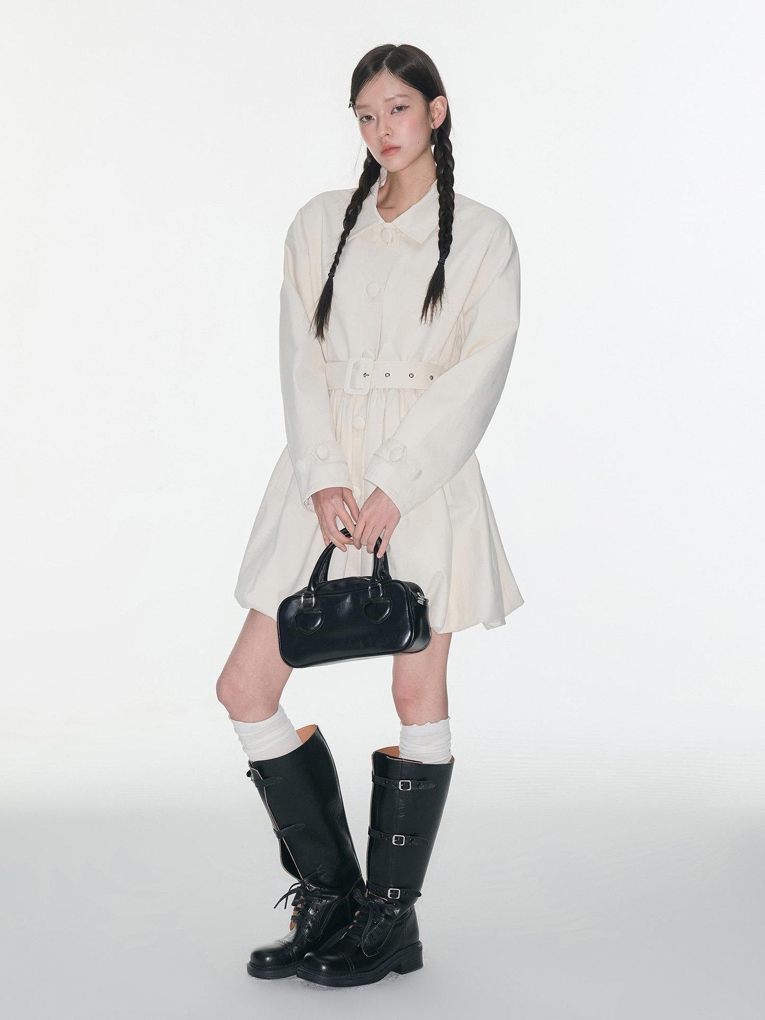 Luamoss 100% Cotton Korean Commuter Loose Polo Collar Women Mid Length Trench Coats
