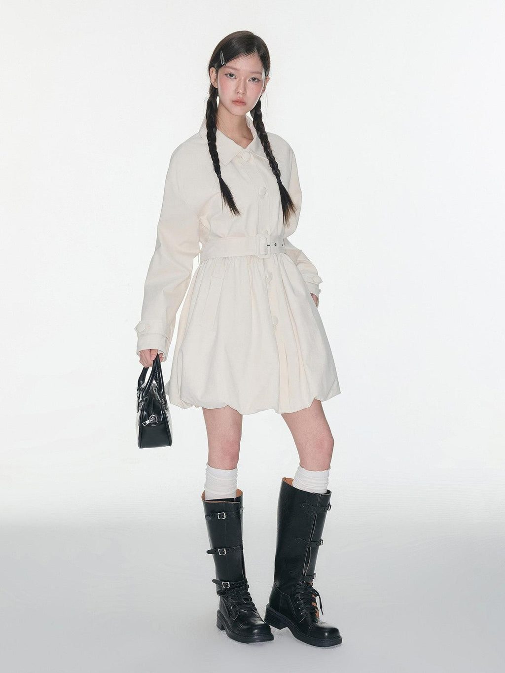 Luamoss 100% Cotton Korean Commuter Loose Polo Collar Women Mid Length Trench Coats