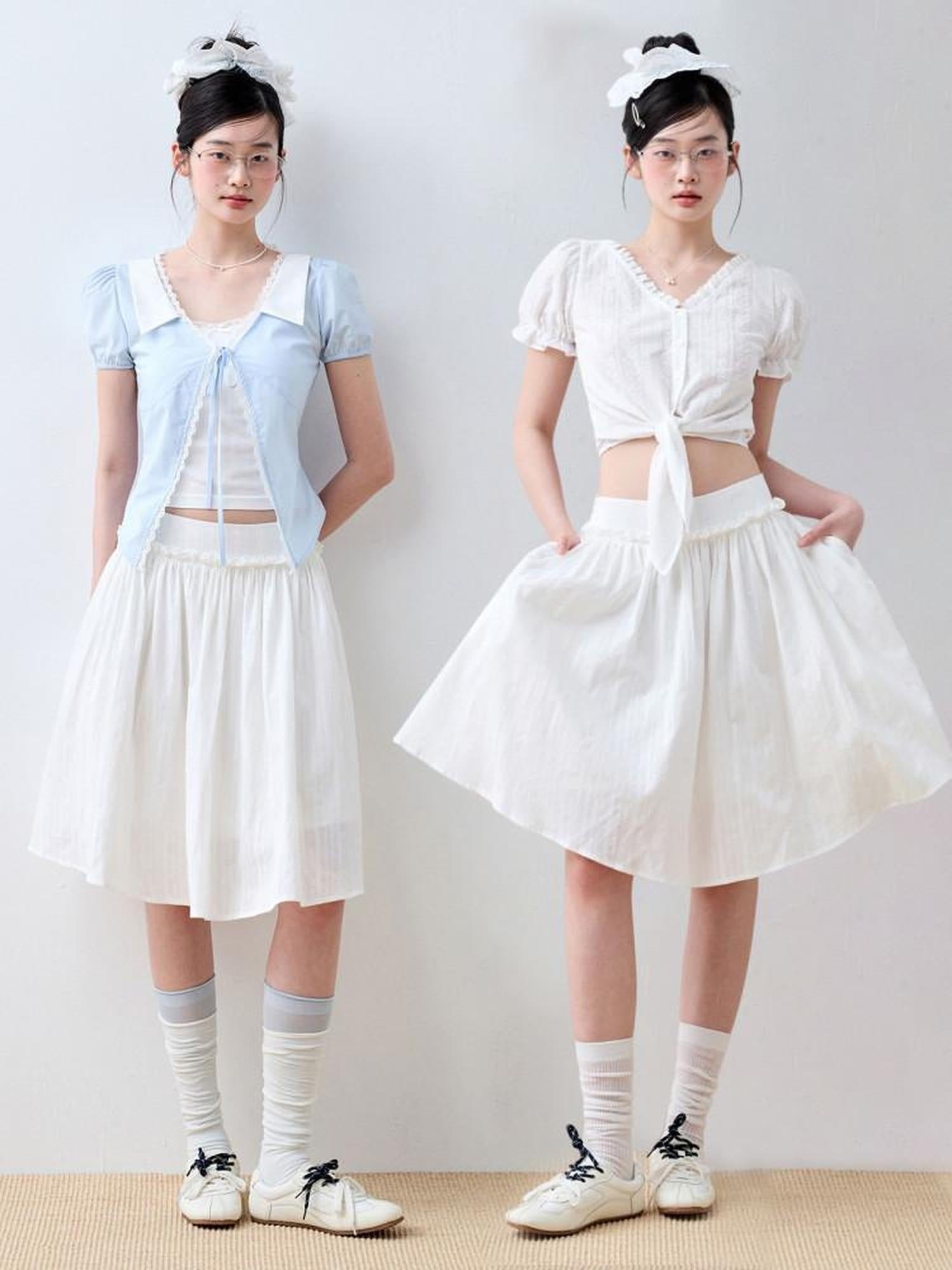 Luamoss 100% Cotton Lined Korean Ruffle Mid Waist Loose Puff Cloud White Midi Skirts
