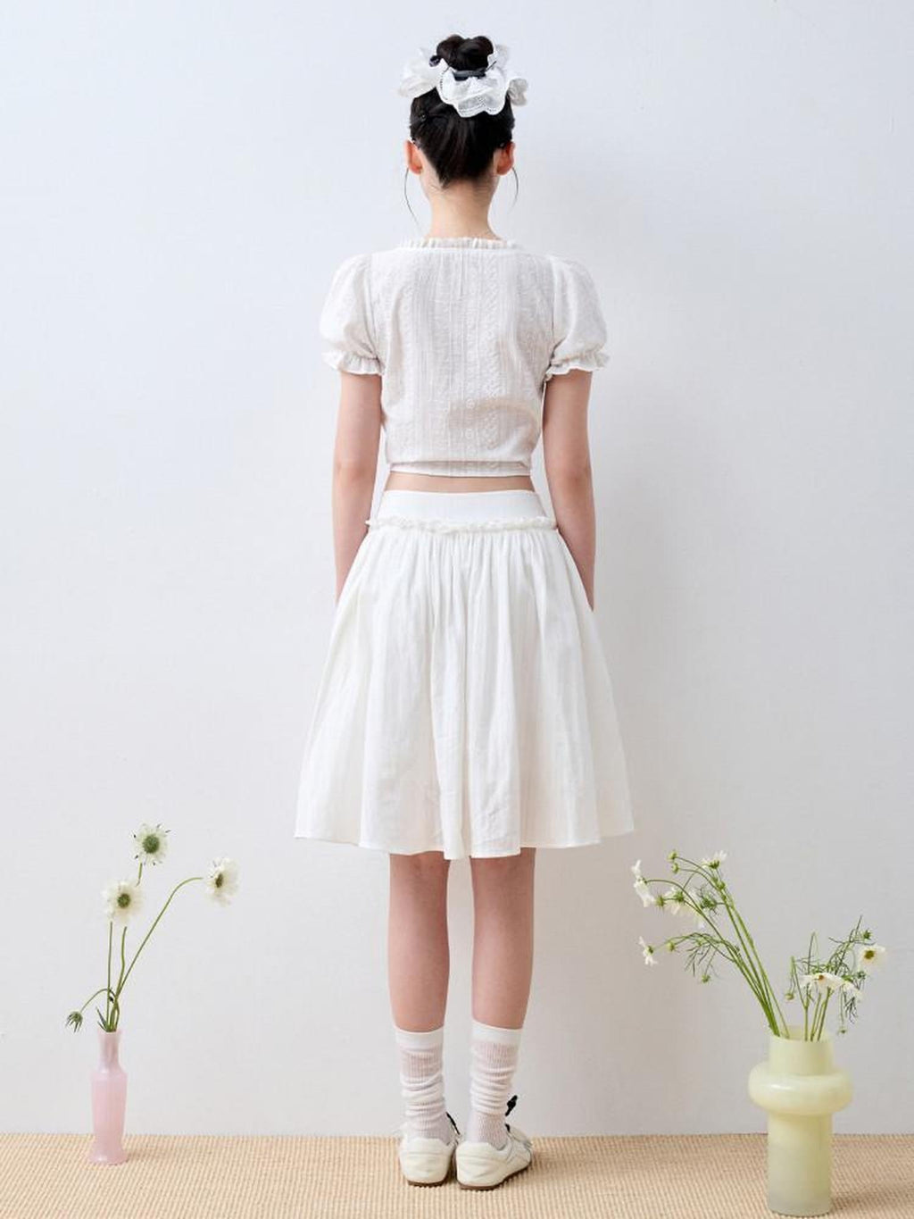 Luamoss 100% Cotton Lined Korean Ruffle Mid Waist Loose Puff Cloud White Midi Skirts
