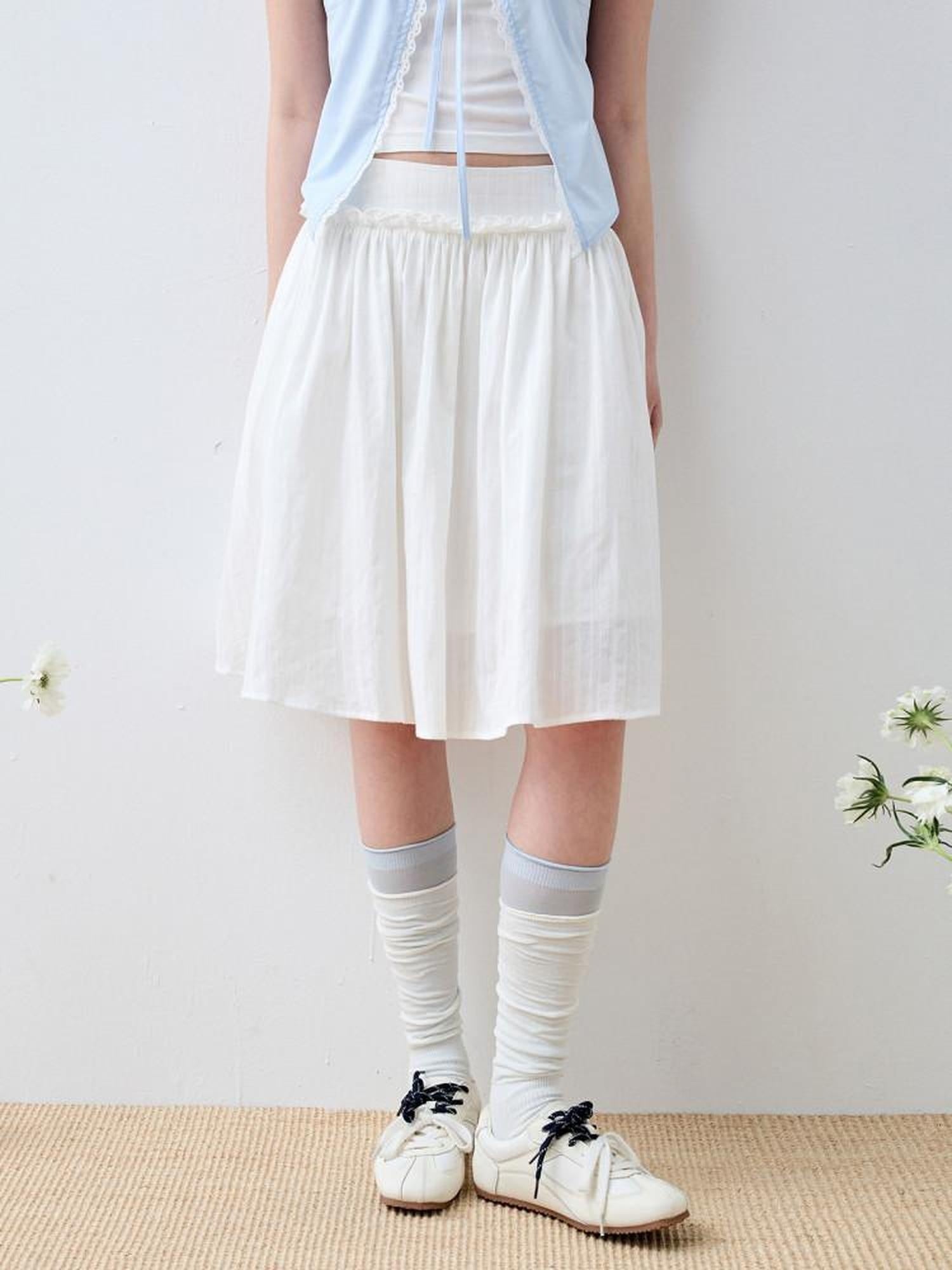 Luamoss 100% Cotton Lined Korean Ruffle Mid Waist Loose Puff Cloud White Midi Skirts