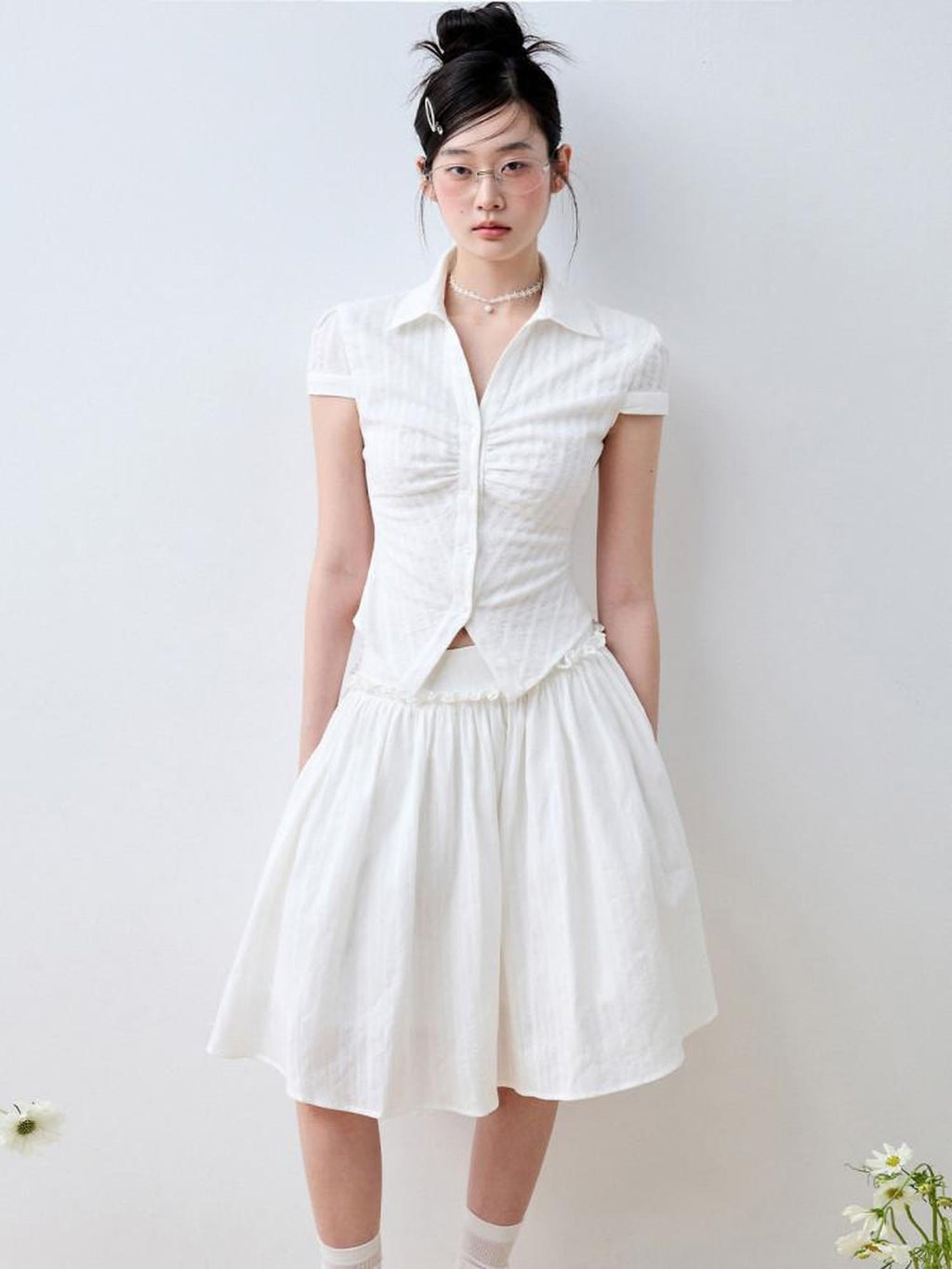 Luamoss 100% Cotton Lined Korean Ruffle Mid Waist Loose Puff Cloud White Midi Skirts