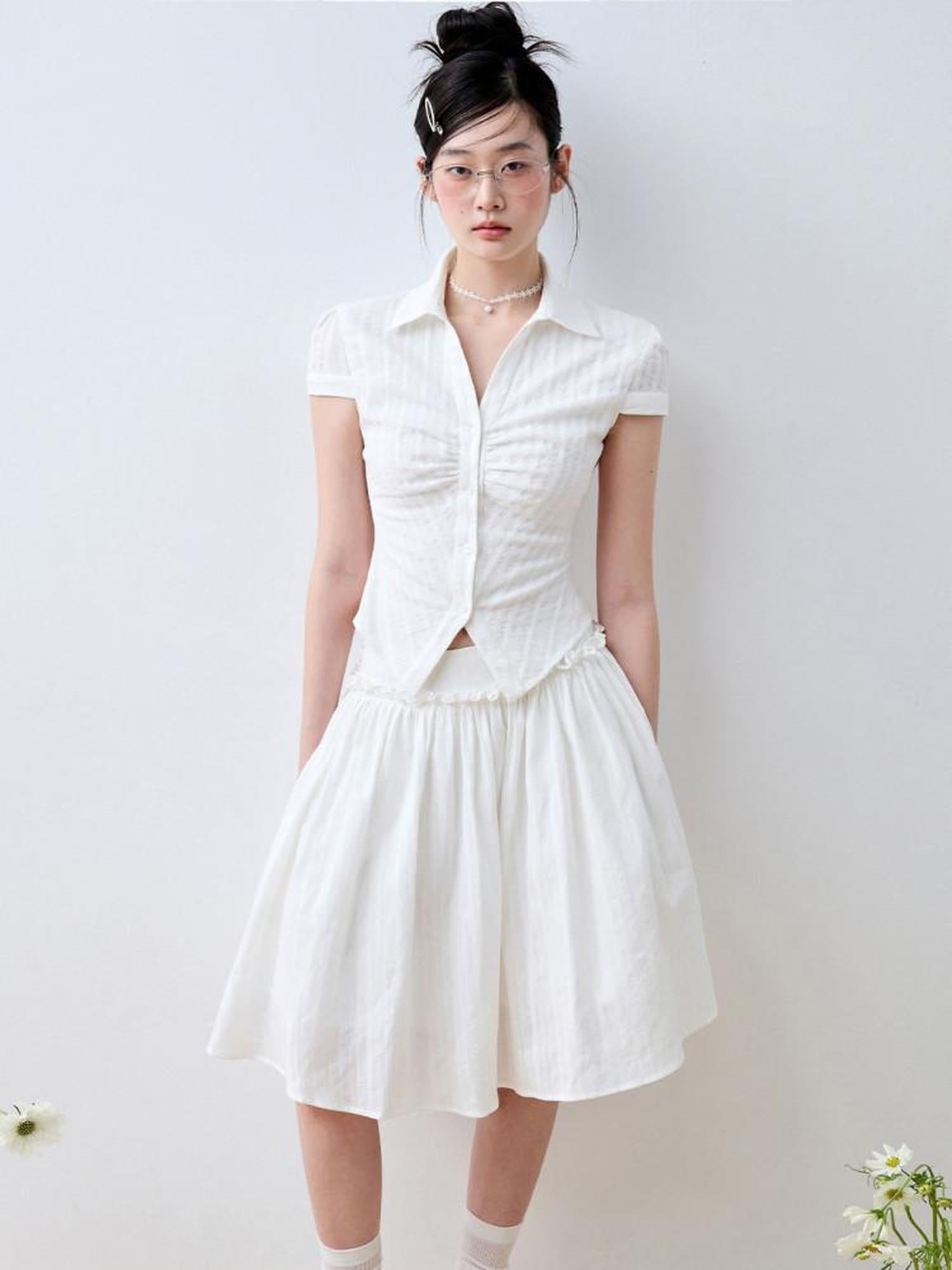 Luamoss 100% Cotton Lined Korean Ruffle Mid Waist Loose Puff Cloud White Midi Skirts