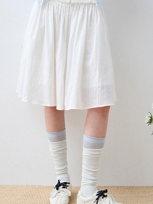 Luamoss 100% Cotton Lined Korean Ruffle Mid Waist Loose Puff Cloud White Midi Skirts