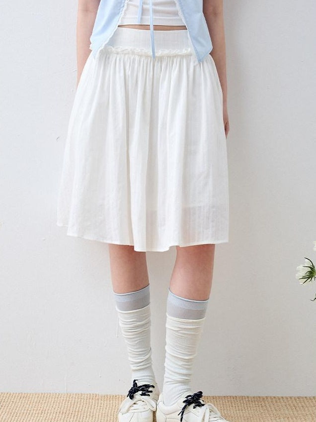 Luamoss 100% Cotton Lined Korean Ruffle Mid Waist Loose Puff Cloud White Midi Skirts