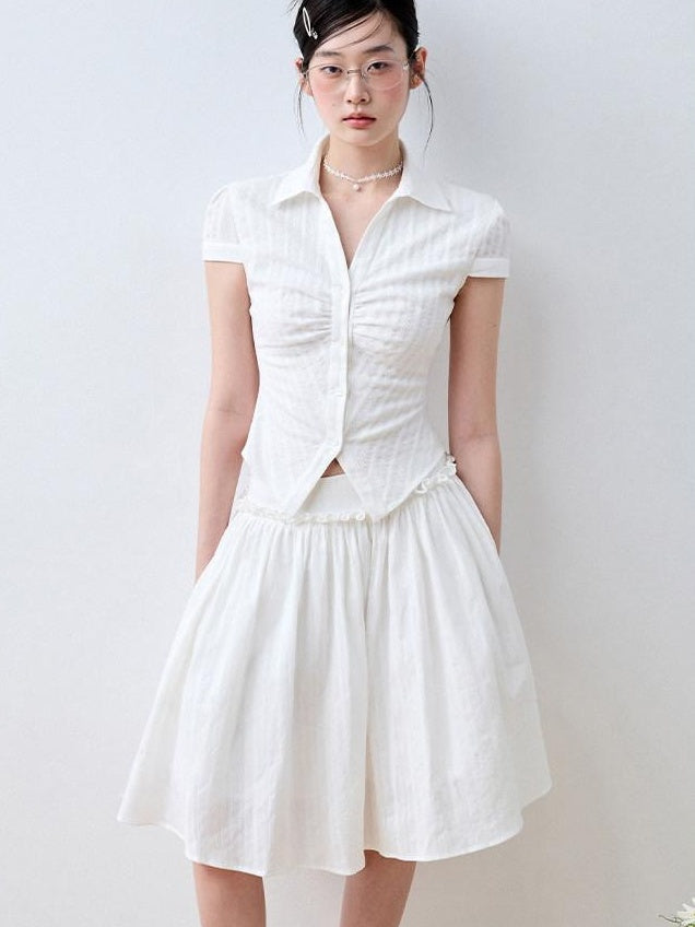 Luamoss 100% Cotton Lined Korean Ruffle Mid Waist Loose Puff Cloud White Midi Skirts