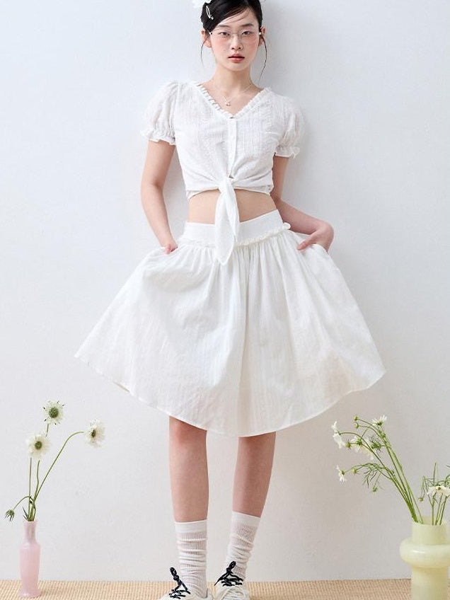 Luamoss 100% Cotton Lined Korean Ruffle Mid Waist Loose Puff Cloud White Midi Skirts
