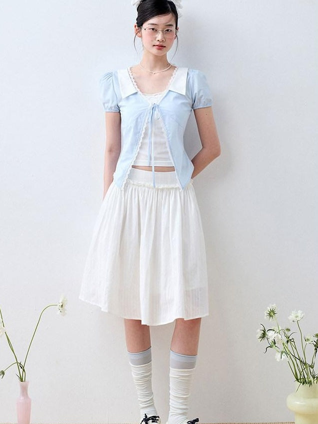 Luamoss 100% Cotton Lined Korean Ruffle Mid Waist Loose Puff Cloud White Midi Skirts