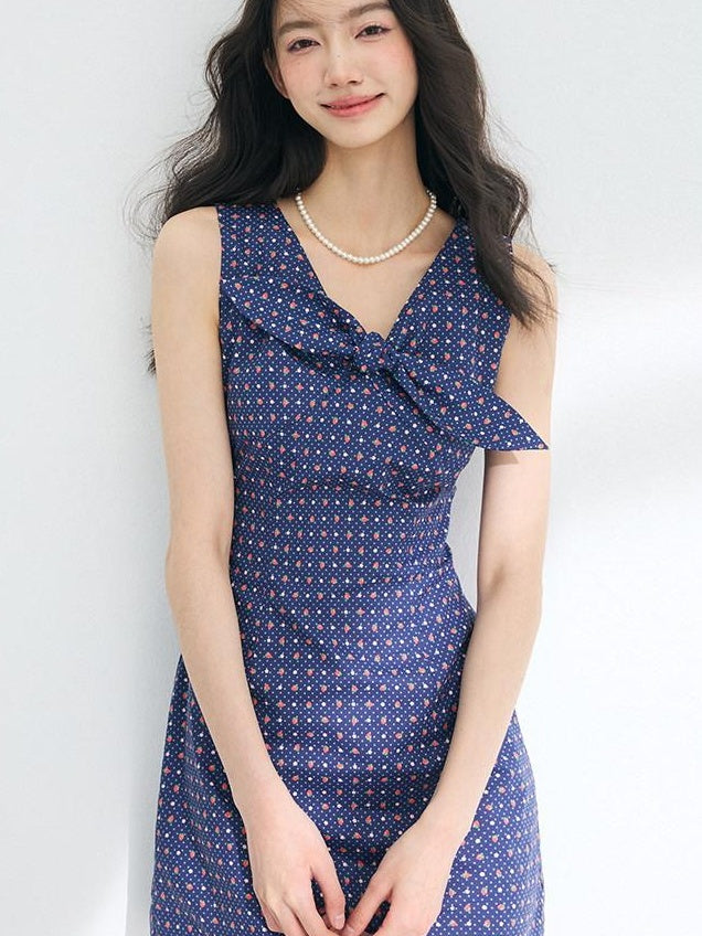 Luamoss 100% Cotton Polka Dot Sleeveless Cinched Waist U Neck Teal Mini Dresses