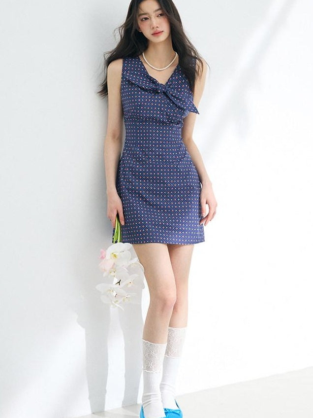 Luamoss 100% Cotton Polka Dot Sleeveless Cinched Waist U Neck Teal Mini Dresses