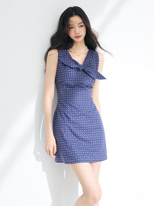 Luamoss 100% Cotton Polka Dot Sleeveless Cinched Waist U Neck Teal Mini Dresses