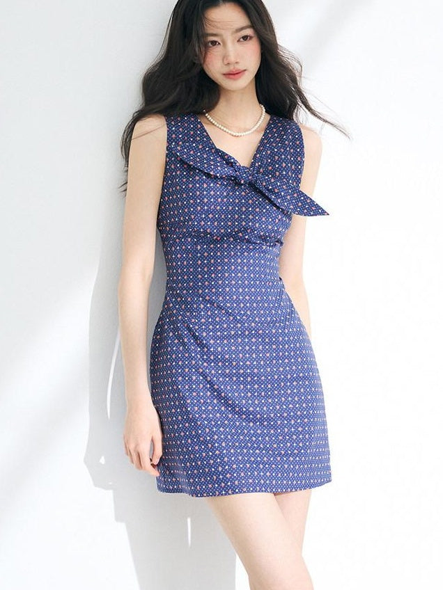 Luamoss 100% Cotton Polka Dot Sleeveless Cinched Waist U Neck Teal Mini Dresses