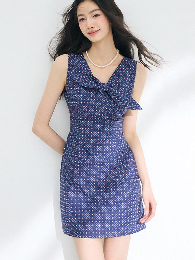 Luamoss 100% Cotton Polka Dot Sleeveless Cinched Waist U Neck Teal Mini Dresses