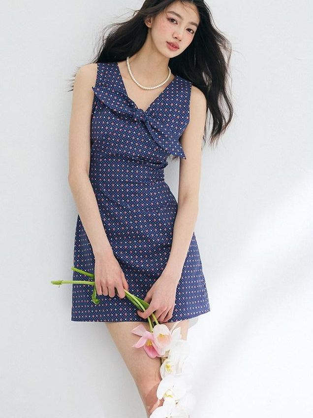 Luamoss 100% Cotton Polka Dot Sleeveless Cinched Waist U Neck Teal Mini Dresses