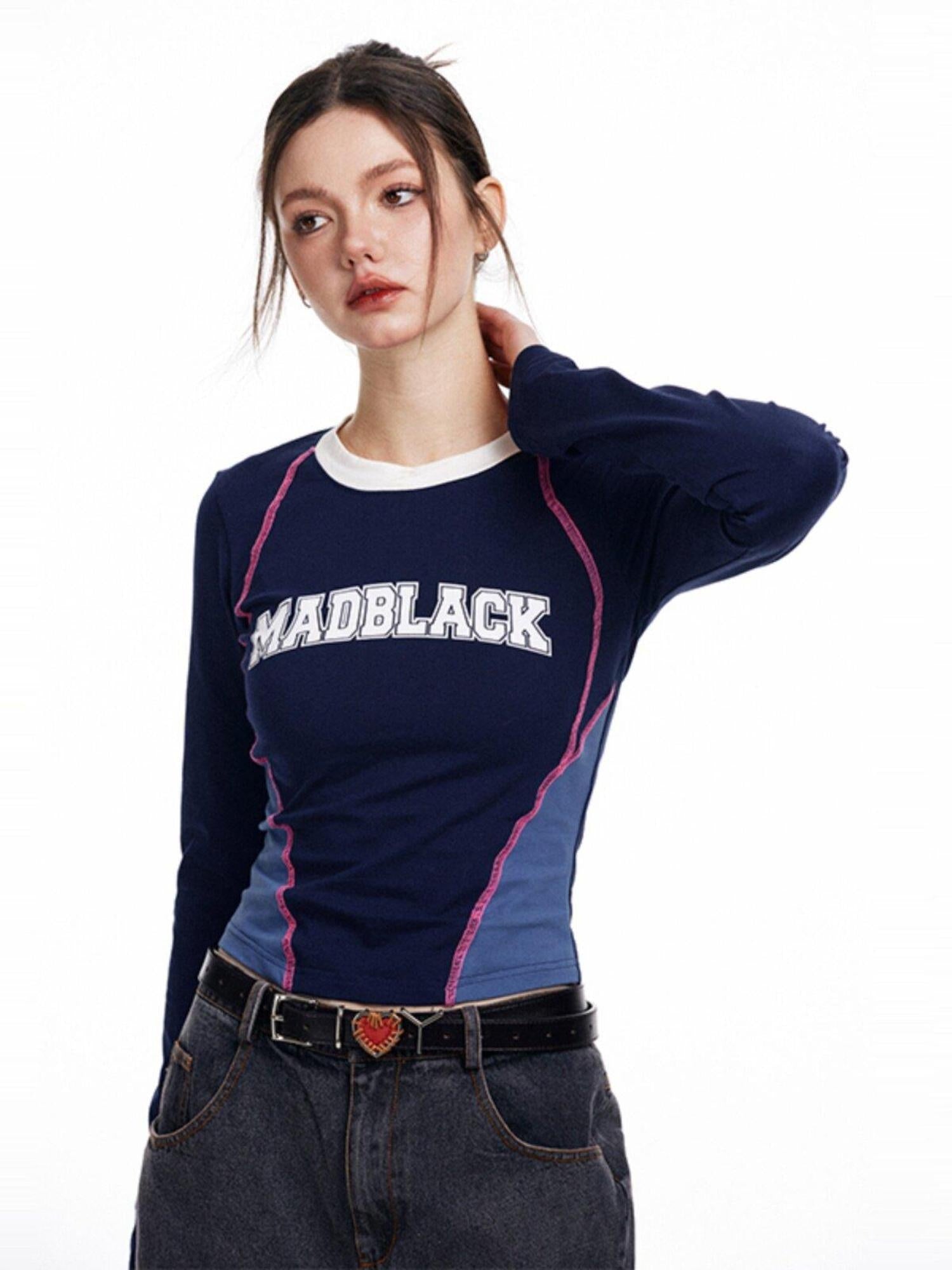 Luamoss 100% Cotton Slim Fit Printed Office Crew Neck Blue Black Long Sleeve T-Shirts