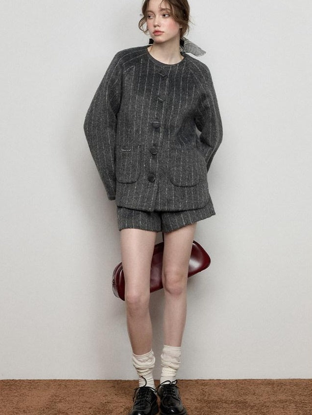 Luamoss 100% Polyester Button Crew Neck Long Sleeve Youth Casual Top & Shorts Sets