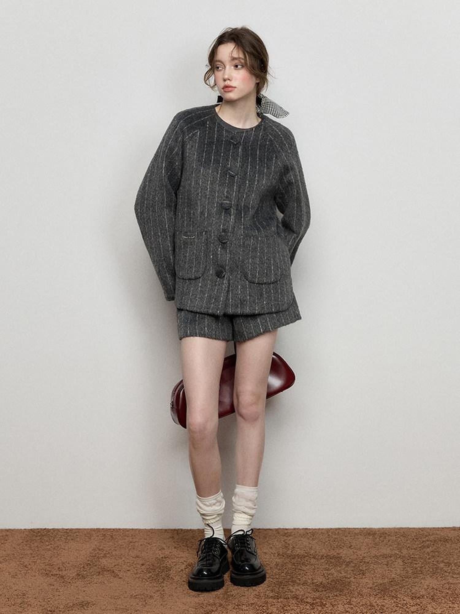 Luamoss 100% Polyester Button Crew Neck Long Sleeve Youth Casual Top & Shorts Sets