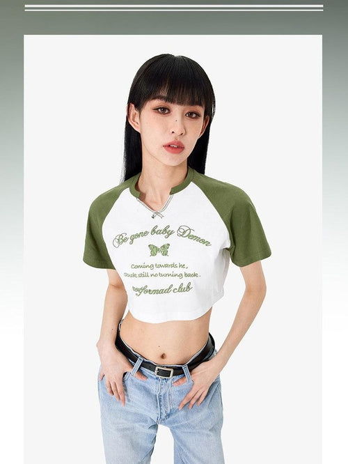 Luamoss Animal Print V-neck Fitted Raglan Tee Blue Gray Basic Crop Tops