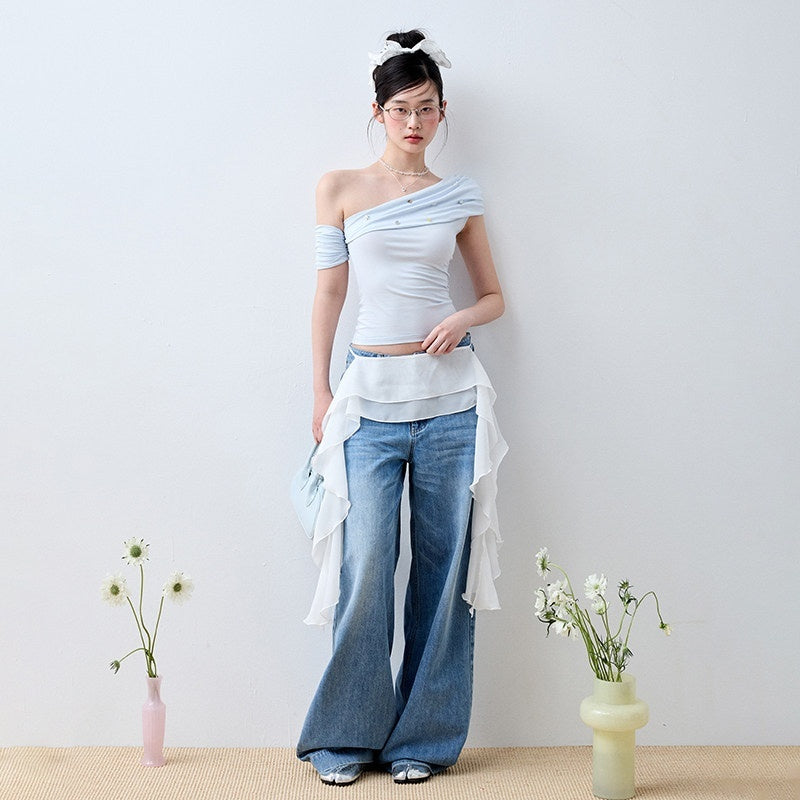 Luamoss_Baby_Blue_Patchwork_Edgy_Slim_Asymmetric_Neck_Cross_Print_Short_Sleeve_T-Shirts_MISSTT