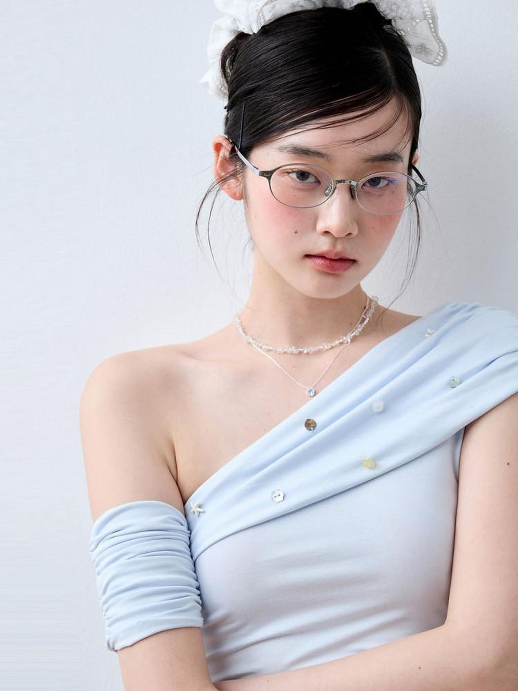 Luamoss Baby Blue Patchwork Edgy Slim Asymmetric Neck Cross Print Short Sleeve T-Shirts