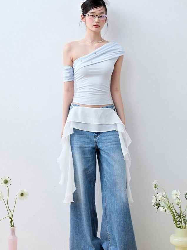 Luamoss Baby Blue Patchwork Edgy Slim Asymmetric Neck Cross Print Short Sleeve T-Shirts