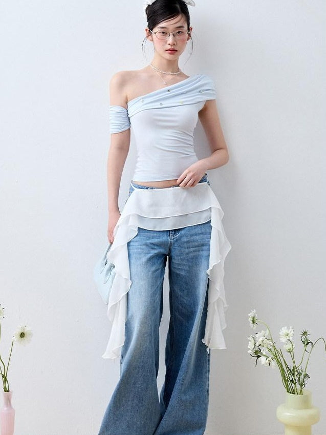 Luamoss Baby Blue Patchwork Edgy Slim Asymmetric Neck Cross Print Short Sleeve T-Shirts