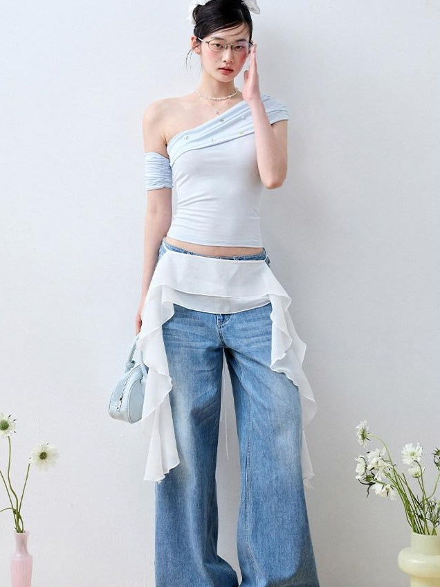 Luamoss Baby Blue Patchwork Edgy Slim Asymmetric Neck Cross Print Short Sleeve T-Shirts