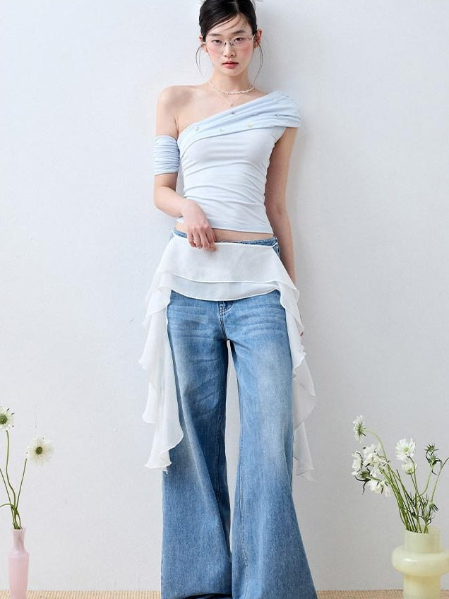 Luamoss Baby Blue Patchwork Edgy Slim Asymmetric Neck Cross Print Short Sleeve T-Shirts