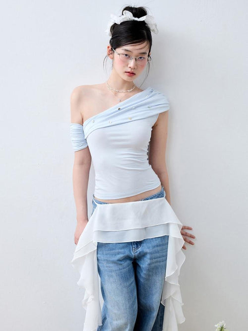 Luamoss Baby Blue Patchwork Edgy Slim Asymmetric Neck Cross Print Short Sleeve T-Shirts