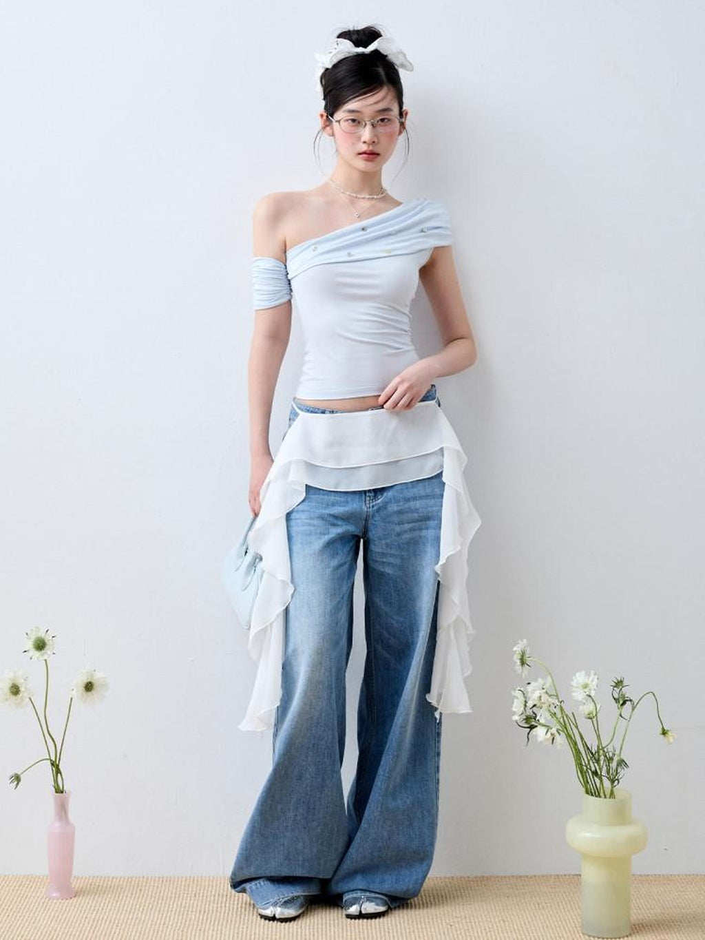 Luamoss Baby Blue Patchwork Edgy Slim Asymmetric Neck Cross Print Short Sleeve T-Shirts
