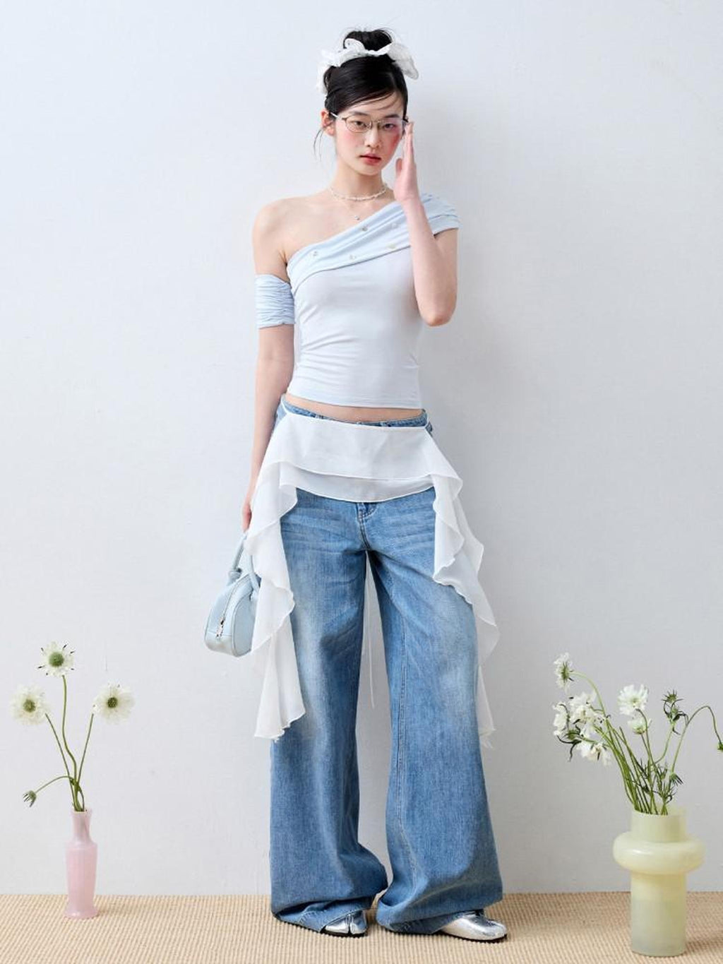 Luamoss Baby Blue Patchwork Edgy Slim Asymmetric Neck Cross Print Short Sleeve T-Shirts