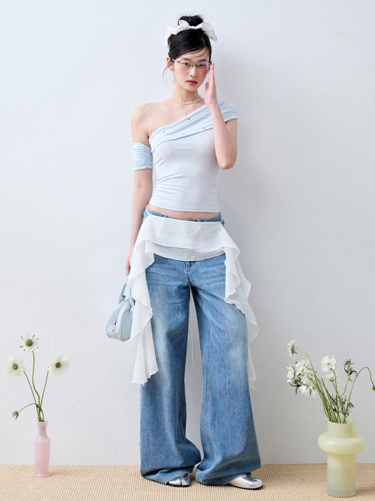 Luamoss Baby Blue Patchwork Edgy Slim Asymmetric Neck Cross Print Short Sleeve T-Shirts