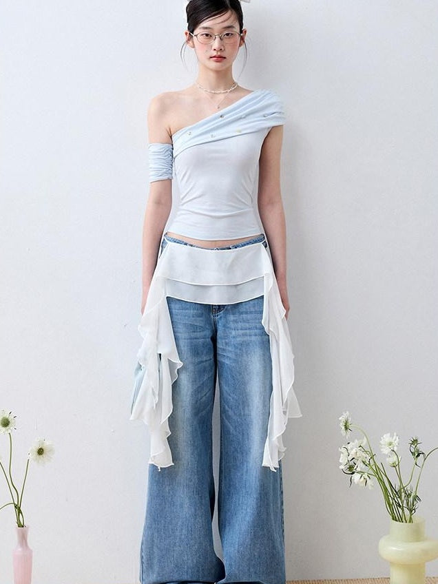 Luamoss Baby Blue Patchwork Edgy Slim Asymmetric Neck Cross Print Short Sleeve T-Shirts