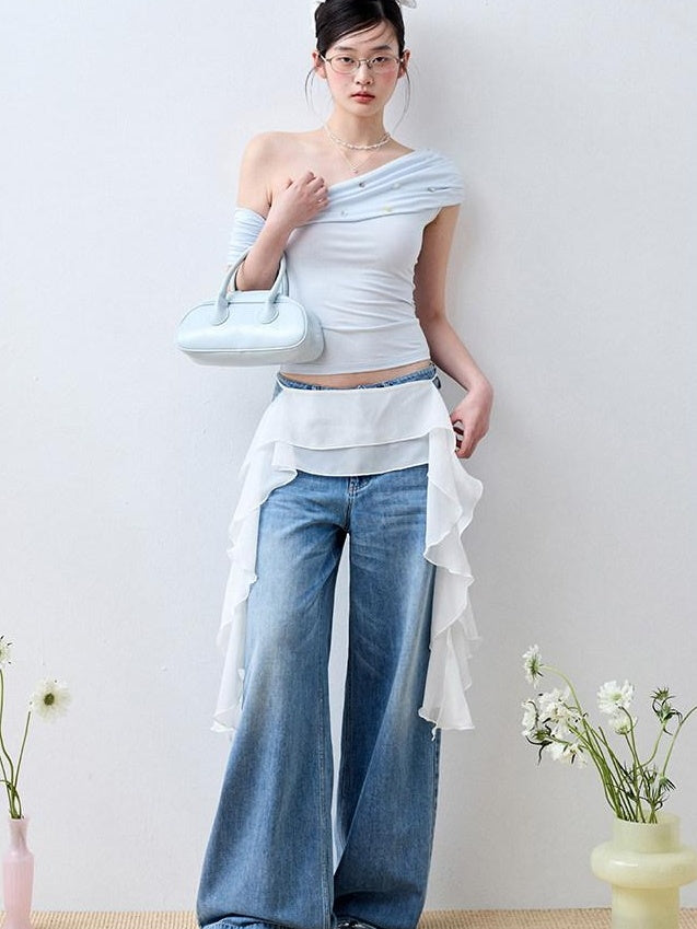 Luamoss Baby Blue Patchwork Edgy Slim Asymmetric Neck Cross Print Short Sleeve T-Shirts