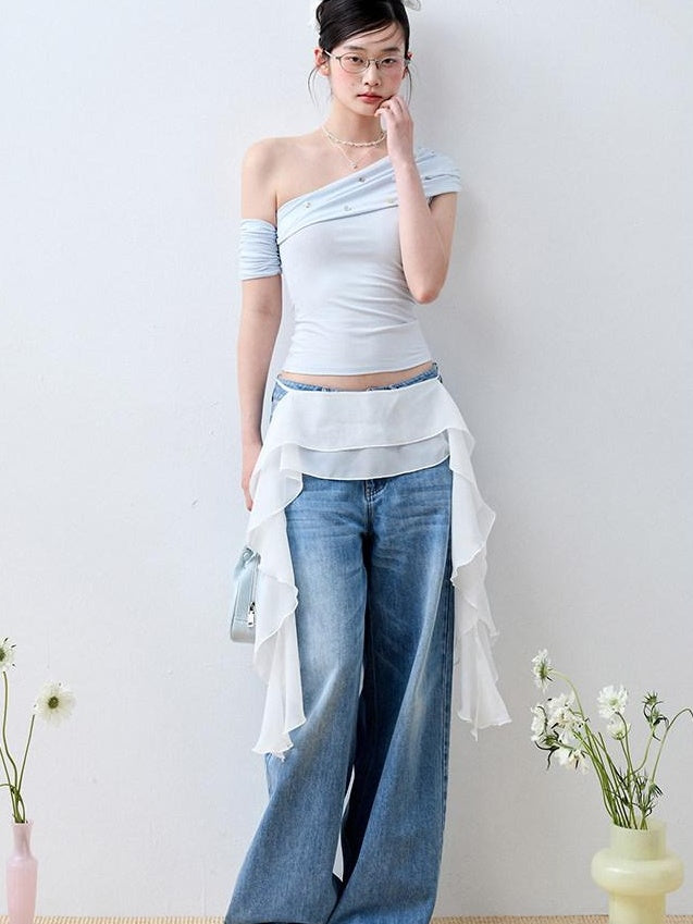 Luamoss Baby Blue Patchwork Edgy Slim Asymmetric Neck Cross Print Short Sleeve T-Shirts