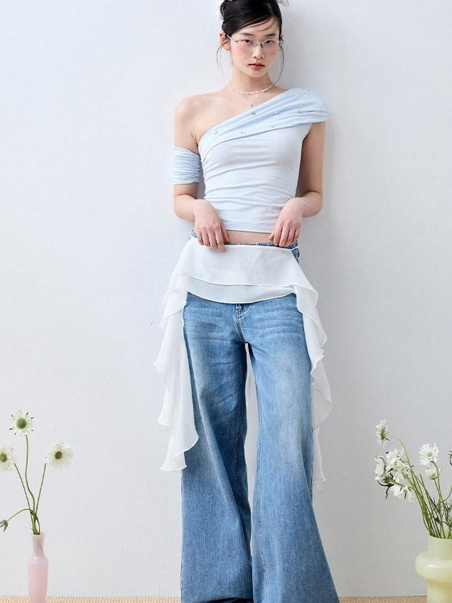 Luamoss Baby Blue Patchwork Edgy Slim Asymmetric Neck Cross Print Short Sleeve T-Shirts