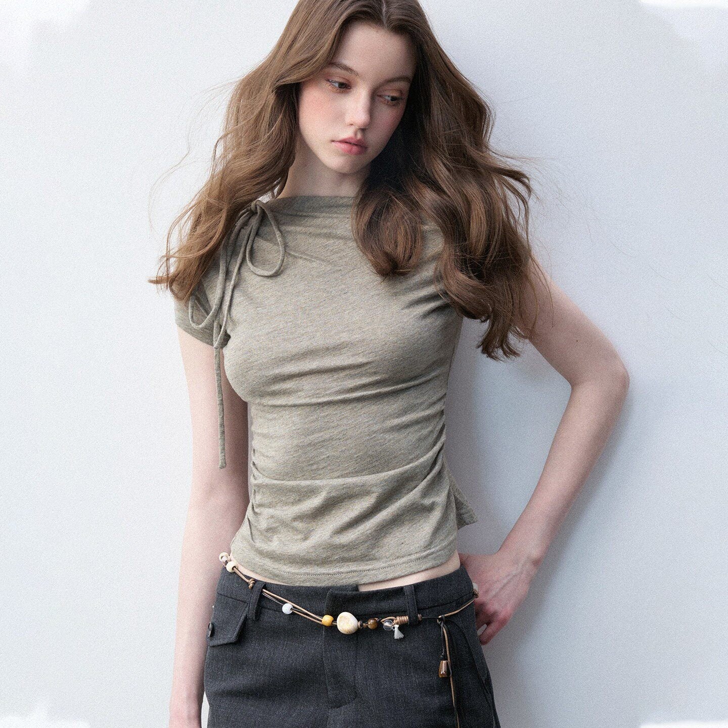 Luamoss_Bow_Detail_Wool_Blend_Slim_Crew_Neck_Women_Moss_Green_Short_Sleeve_T-Shirts_MISSTT