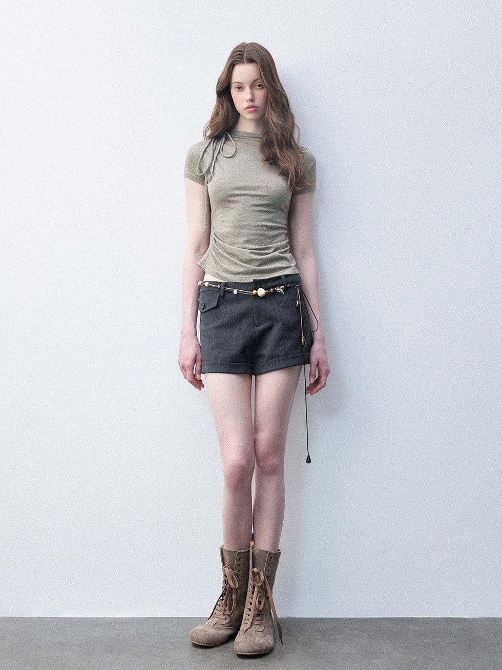 Luamoss Bow Detail Wool Blend Slim Crew Neck Women Moss Green Short Sleeve T-Shirts