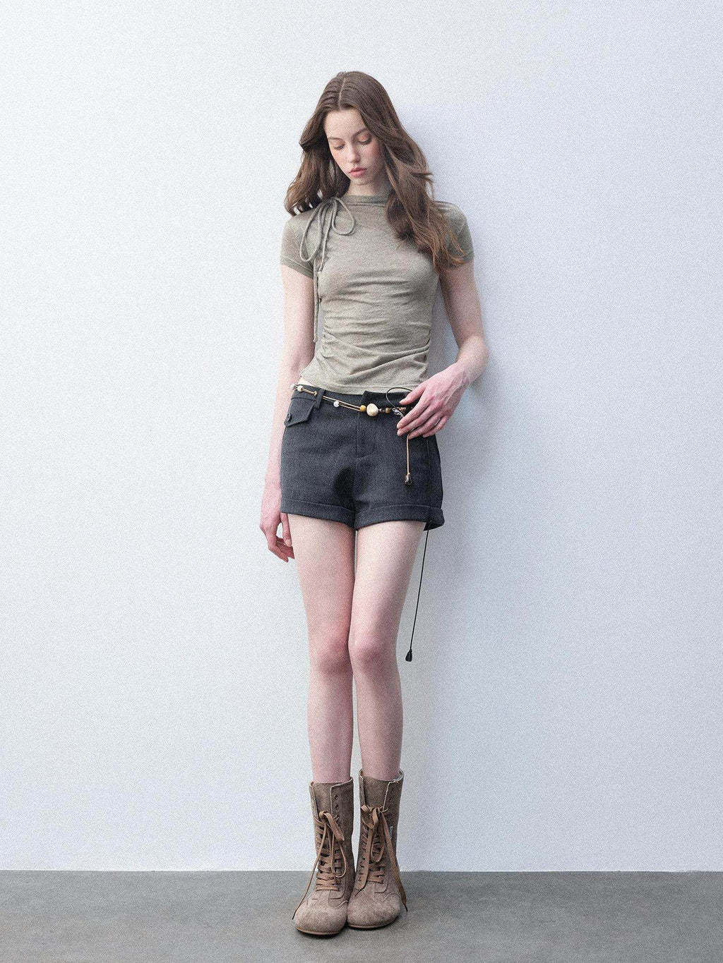 Luamoss Bow Detail Wool Blend Slim Crew Neck Women Moss Green Short Sleeve T-Shirts