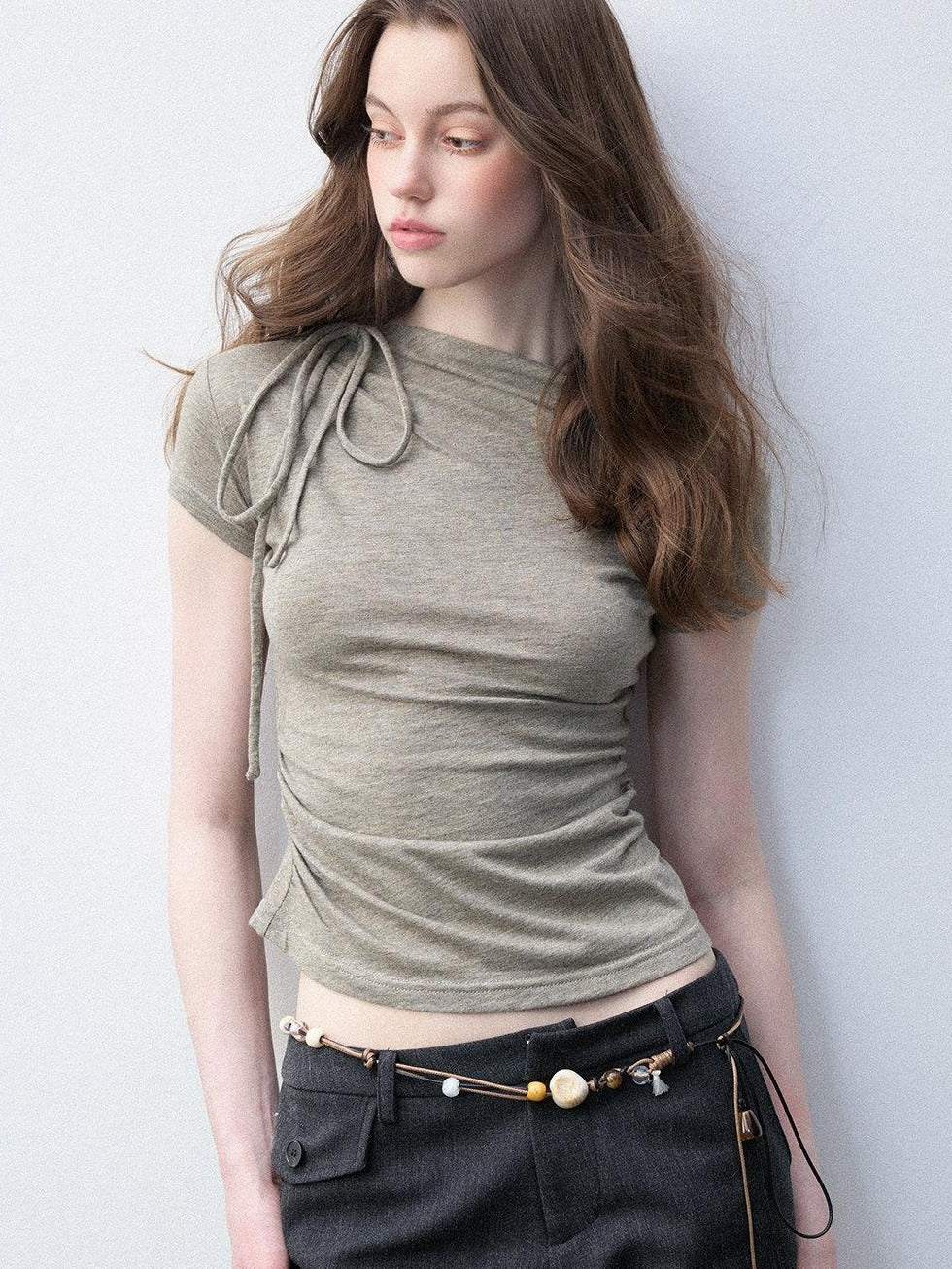 Luamoss Bow Detail Wool Blend Slim Crew Neck Women Moss Green Short Sleeve T-Shirts