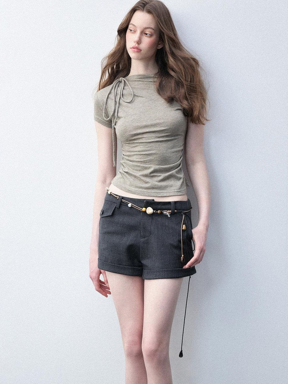 Luamoss Bow Detail Wool Blend Slim Crew Neck Women Moss Green Short Sleeve T-Shirts